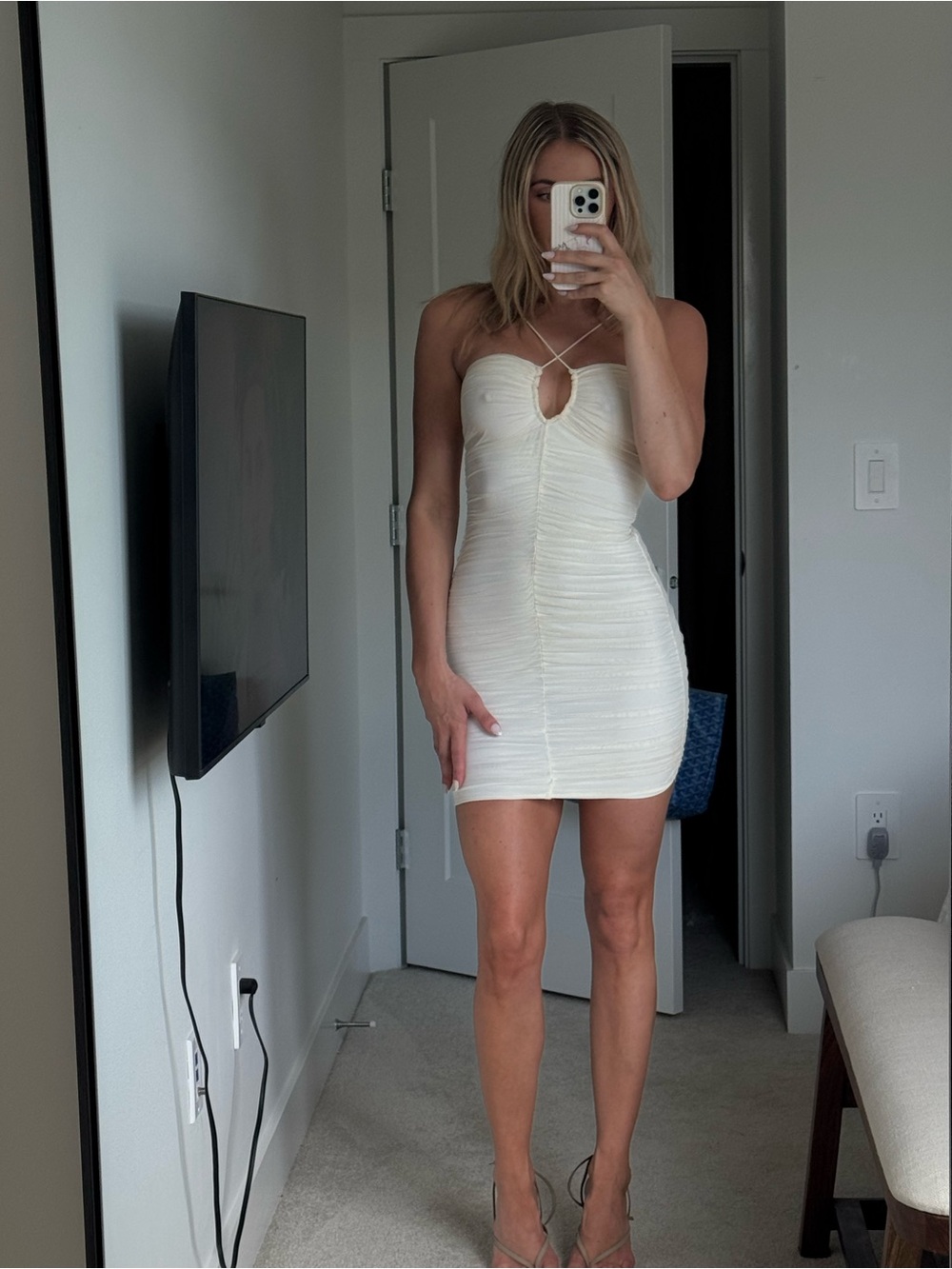 Strappy White Ruched Mini Dress - Picture 2 of 5